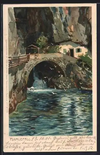 Künstler-AK Zeno Diemer: Ponalefälle, Idylle mit Brücke am Felsen