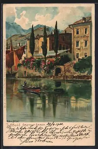 Künstler-AK Zeno Diemer: Meran, Flusspartie am Gasthof Garda