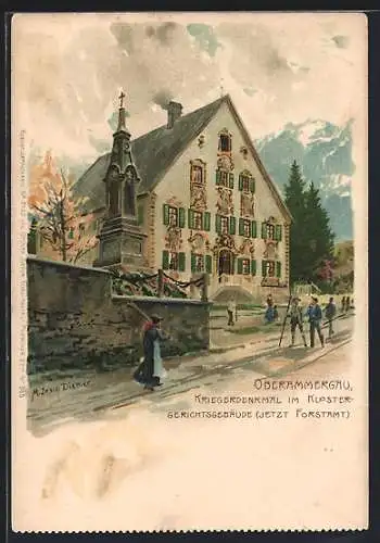 Künstler-AK Zeno Diemer: Oberammergau, Kriegerdenkmal am Klostergerichtsgebäude