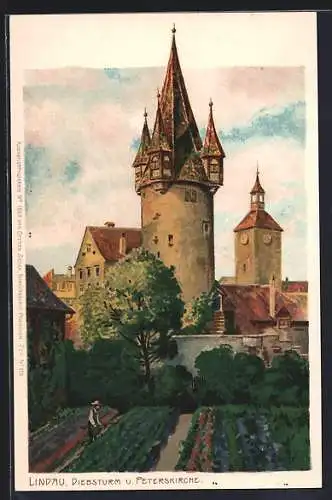 Künstler-AK Zeno Diemer: Lindau / Bodensee, Diebsturm & Peterskirche