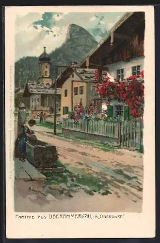Künstler-AK Zeno Diemer: Oberammergau, Partie am Brunnen