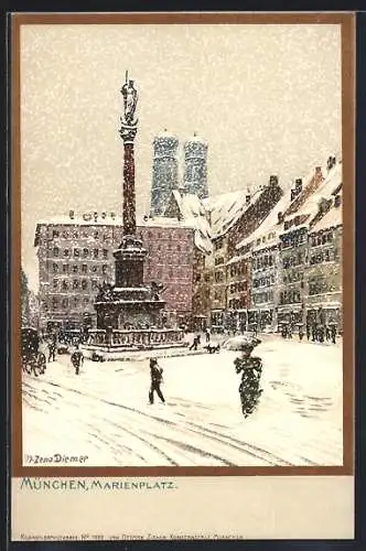 Künstler-AK Zeno Diemer: München, Marienplatz im Winterzauber