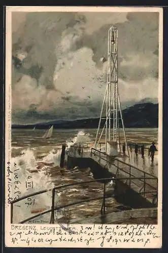 Künstler-AK Zeno Diemer: Bregenz, Leuchtturm am Molenkopf