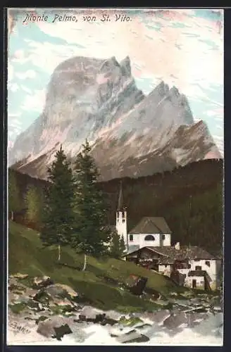 Künstler-AK Zeno Diemer: San Vito di Cadore, Monte Pelmo, Bergdorf vor schroffem Gipfel
