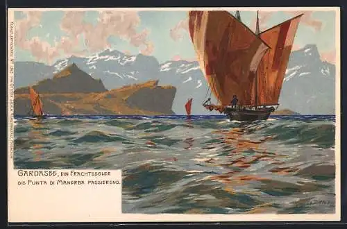Künstler-AK Zeno Diemer: Manerba del Garda, Gardasee, Ein Frachtsegler die Punta di Manerba passierend