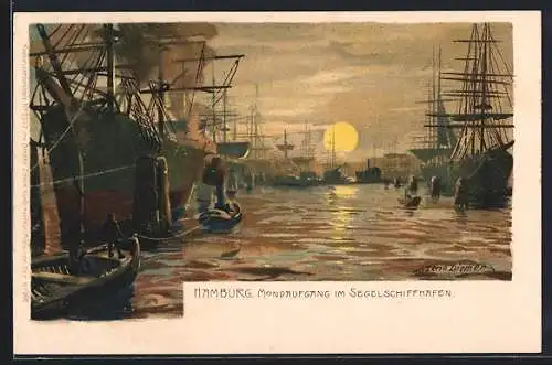 Künstler-Lithographie Zeno Diemer: Hamburg, Mondaufgang im Segelschiffhafen