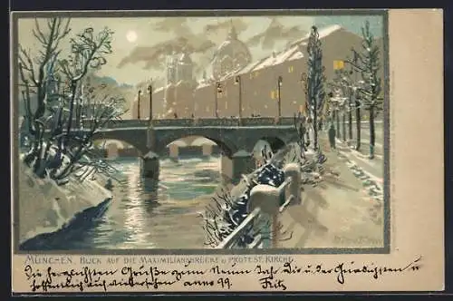 Künstler-AK Zeno Diemer: München, Blick auf die Maximiliansbrücke und protestantische Kirche