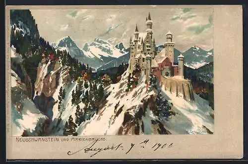 Künstler-Lithographie Zeno Diemer: Neuschwanstein, Partie mit Marienbrücke