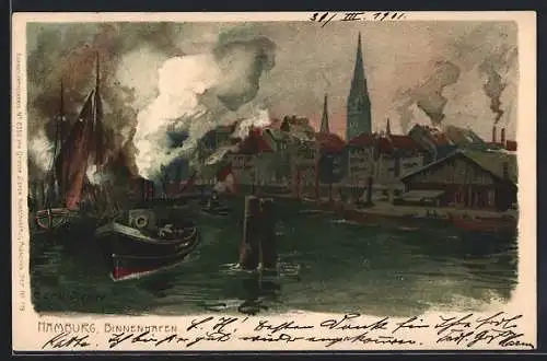 Künstler-Lithographie Zeno Diemer: Hamburg, Binnenhafen