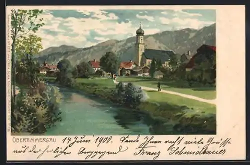 Künstler-AK Zeno Diemer: Oberammergau, Blick zum Ort vom Fluss aus