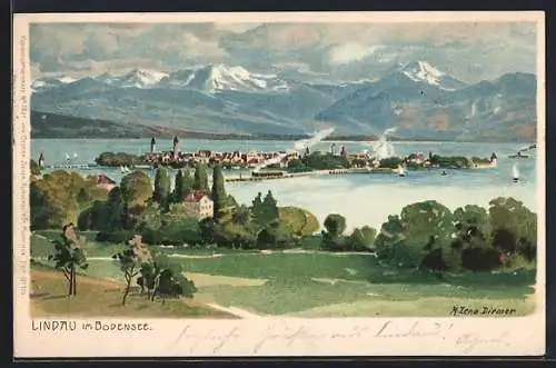 Künstler-AK Zeno Diemer: Lindau / Bodensee, Panoramablick auf Insel und Alpen