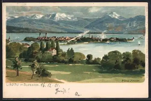 Künstler-AK Zeno Diemer: Lindau im Bodensee, Ansicht vom Festland, Eisenbahn