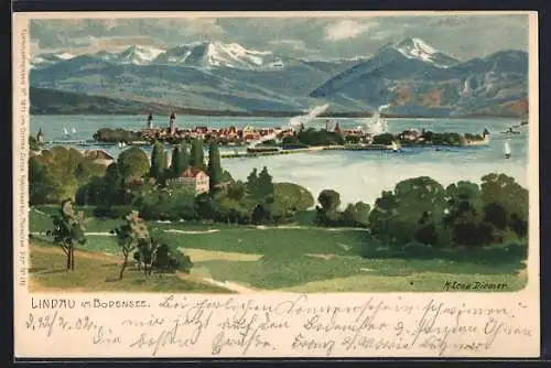 Künstler-AK Zeno Diemer: Lindau im Bodensee, Ansicht vom Festland, Eisenbahn