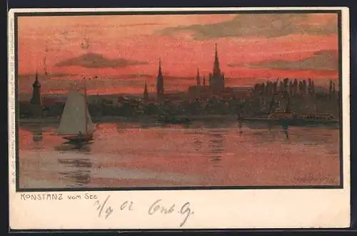 Künstler-AK Zeno Diemer: Konstanz, Ortsansicht mit dem Bodensee in der Dämmerung