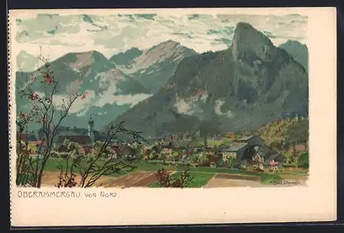 Künstler-Lithographie Zeno Diemer: Oberammergau, von Nord