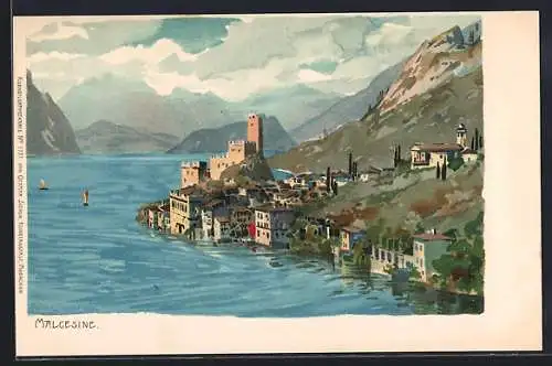 Künstler-Lithographie Zeno Diemer: Malcesine, Blick auf den kleinen Ort am Ufer