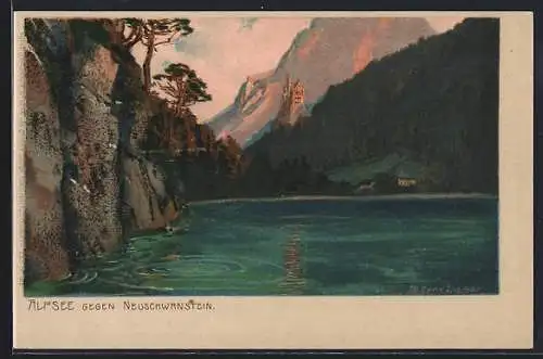 Künstler-AK Neuschwanstein, Alpsee mit Blick aufs Schloss im Abendrot