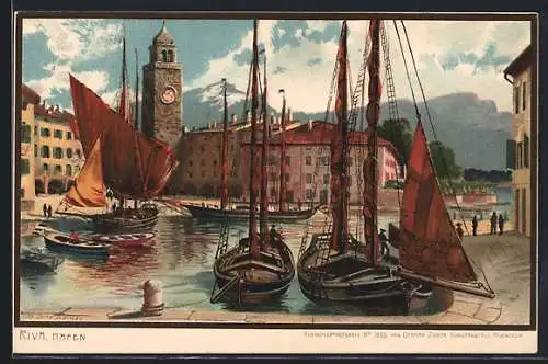 Künstler-AK Zeno Diemer: Riva, Partie am Hafen mit Schiffen und Kirchturm