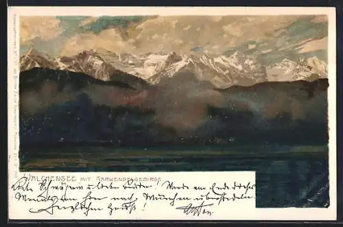 Künstler-Lithographie Zeno Diemer: Walchensee, Panoramablick mit Karwendelgebirge