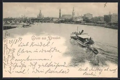 AK Dresden, Panorama der Altstadt, Elbdampfer