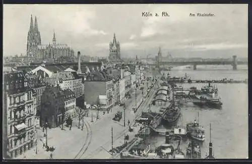 AK Köln, Schiffe am Rheinufer, Strassenbahn