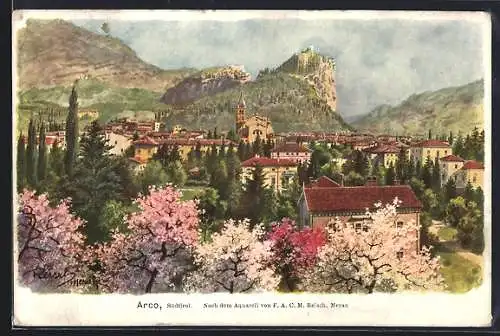 Künstler-AK F.A.C.M. Reisch: Arco, Ortsansicht von Süden mit blühenden Bäumen