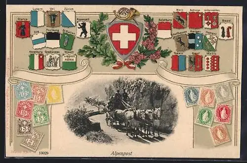 AK Postkutsche der schweizer Alpenpost, Kantonswappen und Briefmarken