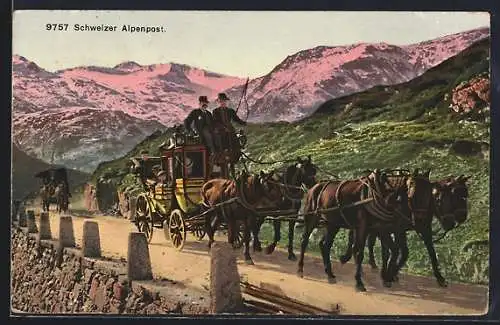 AK Schweizer Alpenpost, Postkutsche auf der Bergstrasse