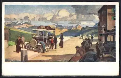 Künstler-AK Pordojjoch, Ortspartie mit Postkraftwagen