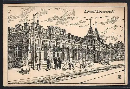 Künstler-AK Baranowitschi, Bahnhof mit Bahnsteig