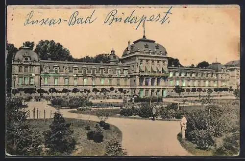 Goldfenster-AK Budapest, St. Lukas-Bad mit leuchtenden Fenstern