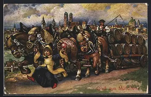 AK Münchner Kindl und Pferdewagen mit Bierfässern