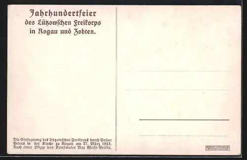 AK Rogau, Die Einsegnung des Lützowschen Freikorps durch Pastor Beiers in der Kirche 1813