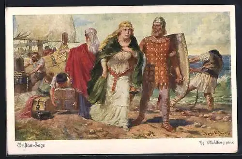 Künstler-AK Georg Mühlberg: Tristan Sage, Kurwenal begleitet Isolde zum totkranken Tristan