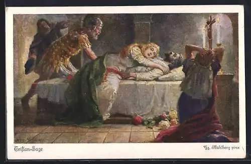 Künstler-AK Georg Mühlberg: Tristan-Sage, Isolde stirbt an der Bahre Tristans