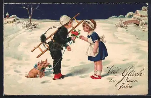 AK Schornsteinfeger mit Ferkeln und Dienstmädchen im Schnee, Neujahrsgruss