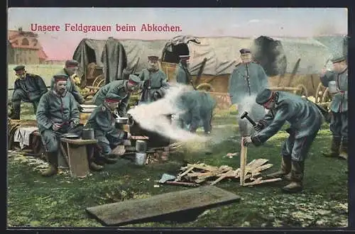 AK Soldatenleben Gastronomie, unsere Feldgrauen beim Abkochen