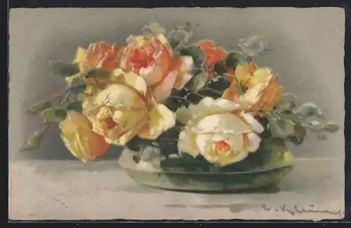 Künstler-AK Catharina Klein: Gelbe und orangefarbene Rosen in einer Glasvase