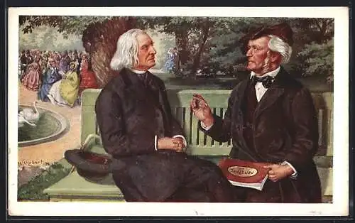 AK Franz Liszt und Richard Wagner sitzen auf einer Parkbank