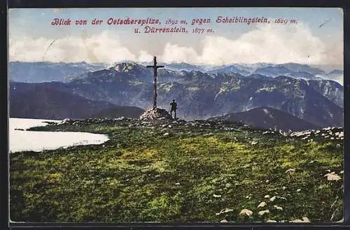 AK Das Gipfelkreuz auf der Oetscherspitze gegen Scheiblingstein und Dürrenstein