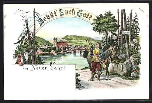 Lithographie Trompeter von Säckingen vor Stadt, Behüt Dich Gott!