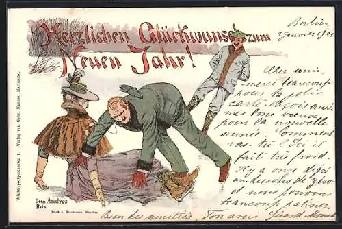 Künstler-AK sign. Otto Andres: Paar stürzt beim Schlittschuhlaufen