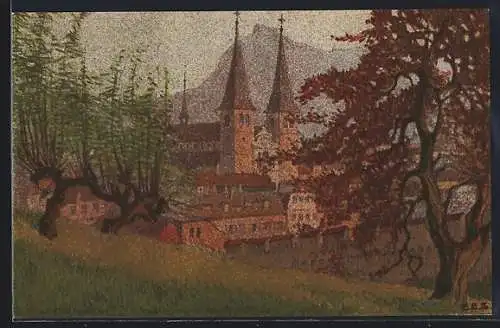 Künstler-AK Ernst E. Schlatter: Rigi, Hofkirche mit Bäumen