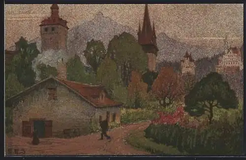 Künstler-AK Ernst E.Schlatter: Museggtürme mit Gütsch und Pilatus