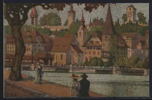Künstler-AK Ernst E.Schlatter: Luzern, Musegg vom Bahnhof aus