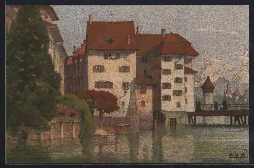 Künstler-AK Ernst E. Schlatter: Luzern, Partie an der Reuss