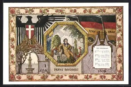 AK Wien, 10. Deutsches Sängerbundesfest 1928, Franz Schubert sitzt im Park, Deutsche Fahne, Schöner Brunnen