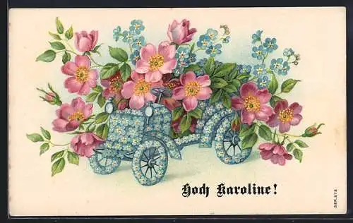 AK Auto aus Vergissmeinnicht mit Anemonen, Hoch Karoline!