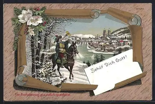 Winter-Lithographie Der Trompeter von Säckingen zu Pferd, Behüt Dich Gott!
