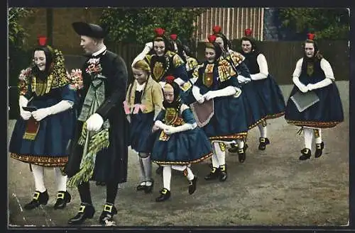 AK Schwälmer Hochzeitszug, Hessische Trachten
